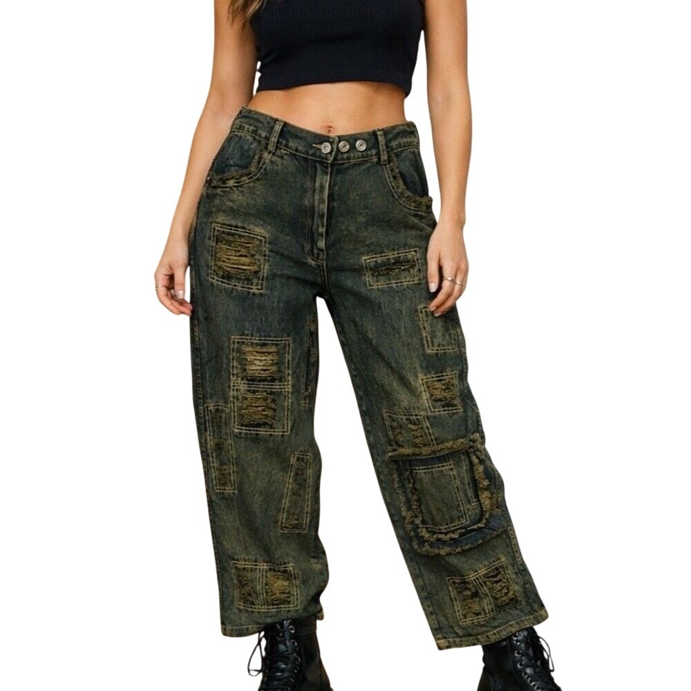 Paper Lace High Waist Tattered Baggy Jeans Boho Cottage Grunge Size Small Y2K